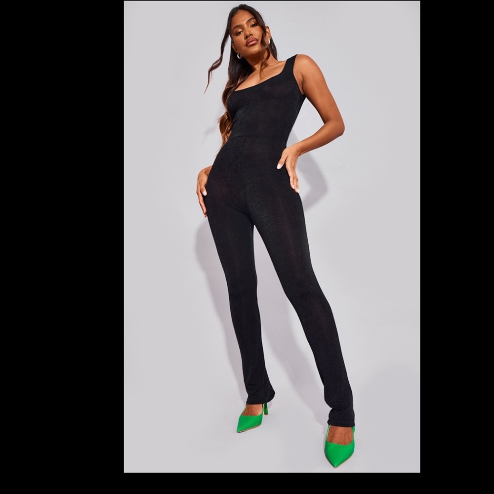 Black slinky jumpsuit from Pretty Little Thing